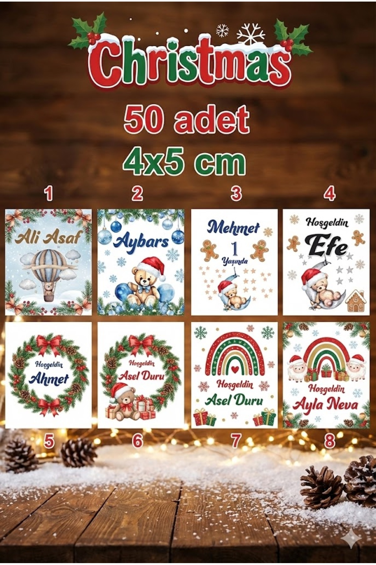 50 Adet Kisiye Ozel Yeni Yil Temali Kolonya Sisesi Etiketi 4X5 Cm Hosgeldin Yeni Yil Tasarimli